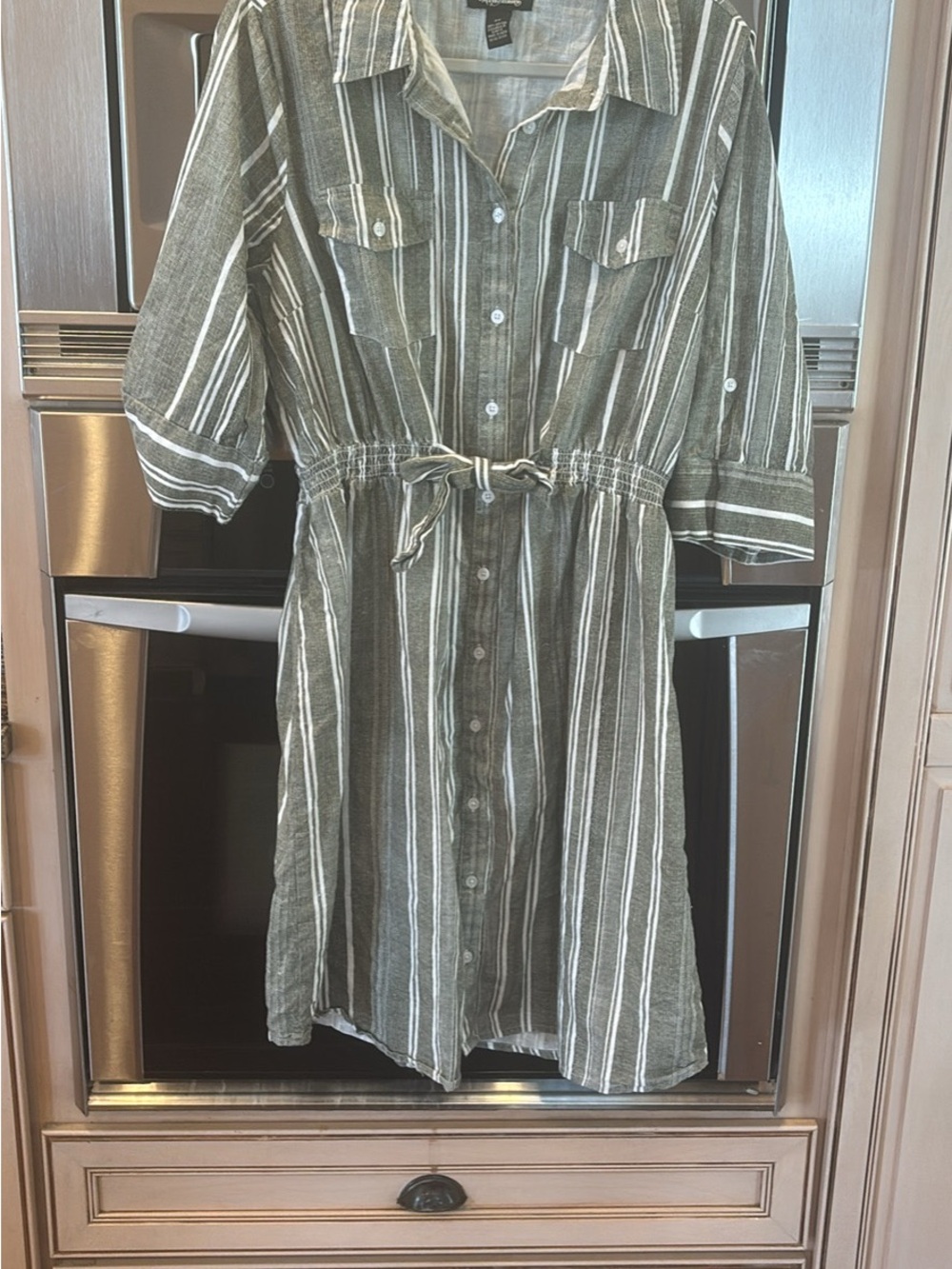 ' Olive Green Stripe Button-Front Shirt Dress